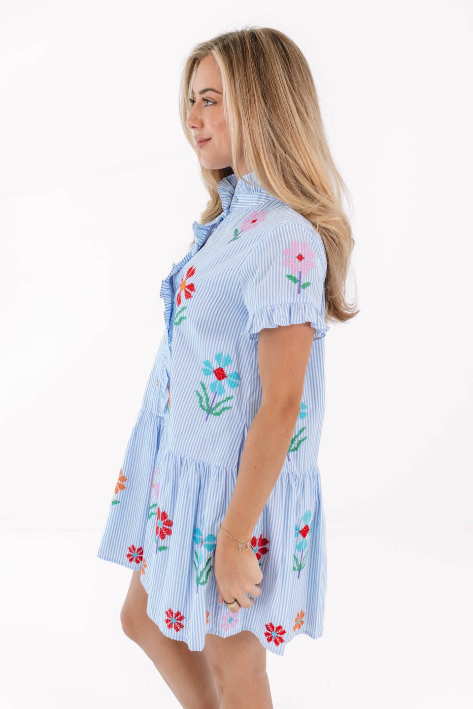 The Hunter Ruffle Button Up Dress - Blue Stripe - Image 4